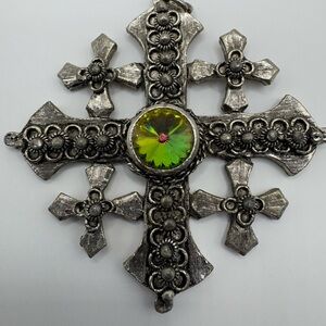 Vintage Silver Jerusalem Cross Pendant with Multi Tone Gem